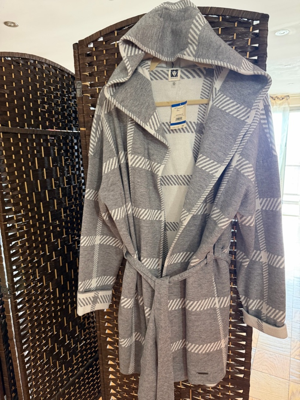 Anne Klein Gray & Ivory Plaid Hooded Wrap
